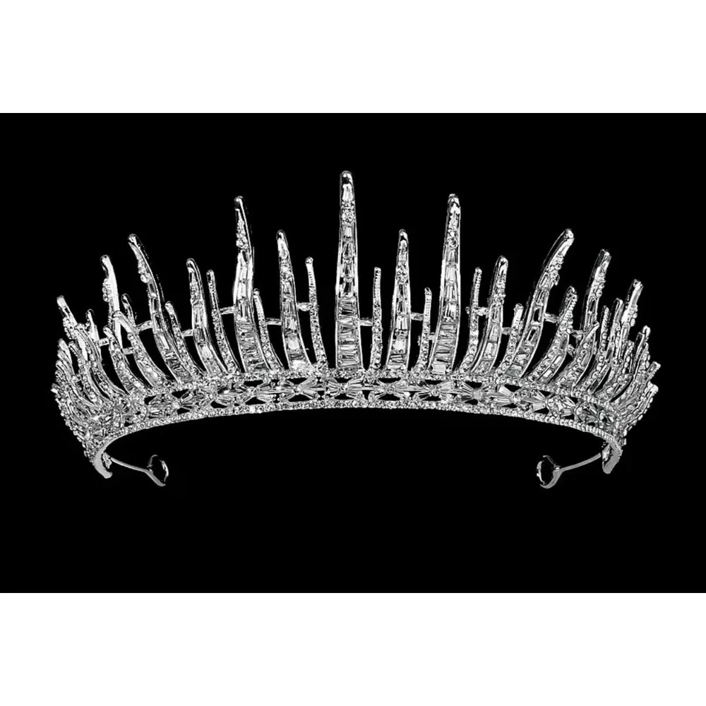 Silver Spiked Rhinestone Tiara Crown Baguette Crystal Bridal Pageant Headpiece